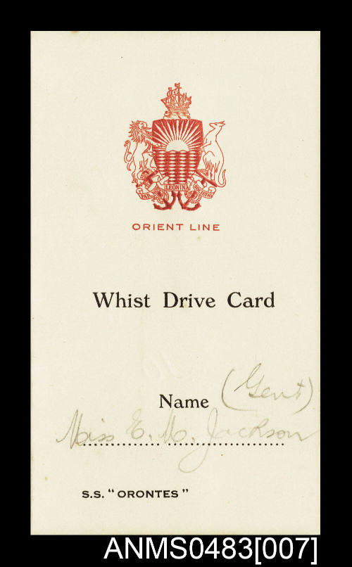 Whist drive card belonging to Miss Elsie M Jackson sailing on board SS ORONTES