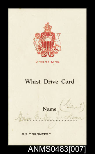 Whist drive card belonging to Miss Elsie M Jackson sailing on board SS ORONTES