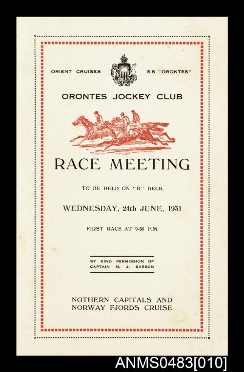 Programme for the ORONTES Jockey Club Race Meeting to be held on board