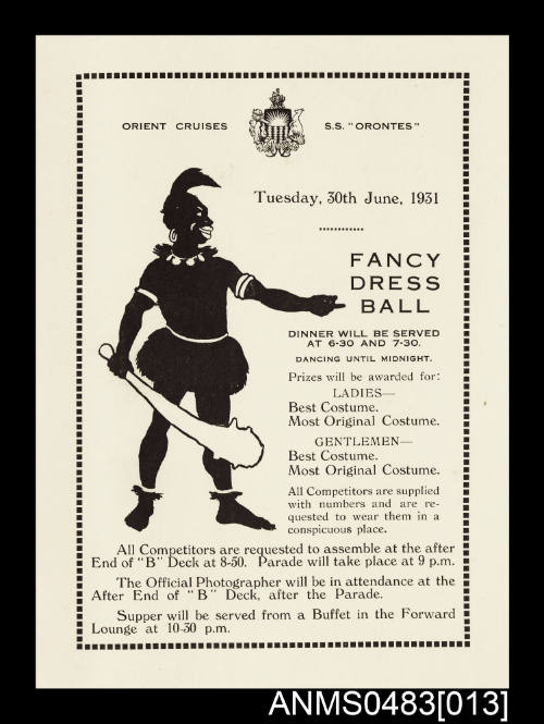 Card advertising a fancy dress ball to be held on the SS ORONTES