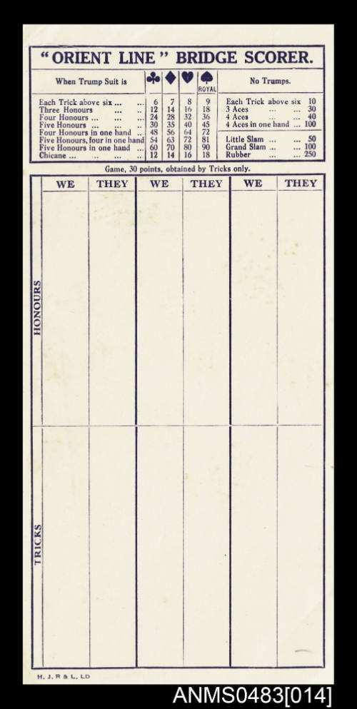 Blank bridge scorer from Orient Liner