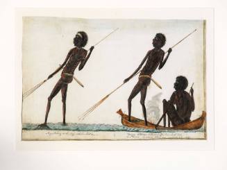 Indigenous people fishing with spears, two in a canoe