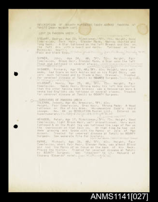 Typed document titled Description of BOUNTY mutineers taken aboard PANDORA at Tahiti