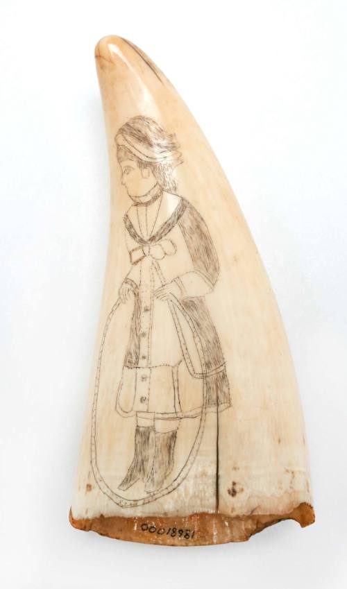 Scrimshaw depiction of fashion plate girl with a hoop
