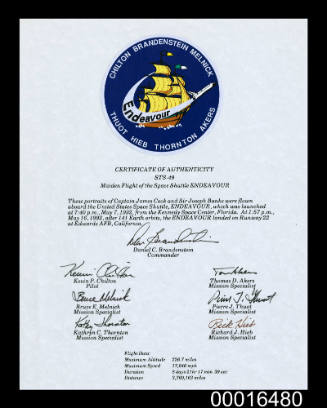 Certificate of Authenticity, Maiden Flight of the Space Shuttle ENDEAVOUR