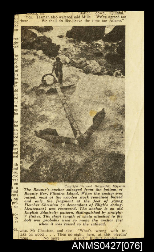 Newspaper clipping with image of the BOUNTY's anchor being salvaged in Bounty Bay