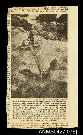 Newspaper clipping with image of the BOUNTY's anchor being salvaged in Bounty Bay