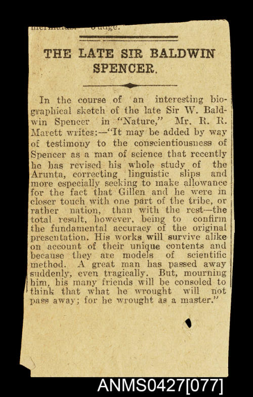 Newspaper clipping about the late Sir Baldwin Spencer