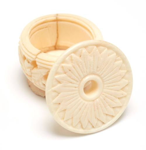 Carved whalebone pill box with screw lid