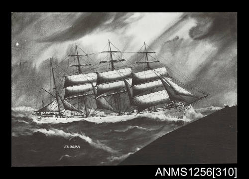 Painted photograph depicting EUDORA four masted barque sailing under reduced sail