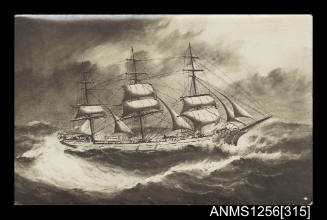 Postcard depicting ERATO three masted fully rigged ship sailing under reduced sail