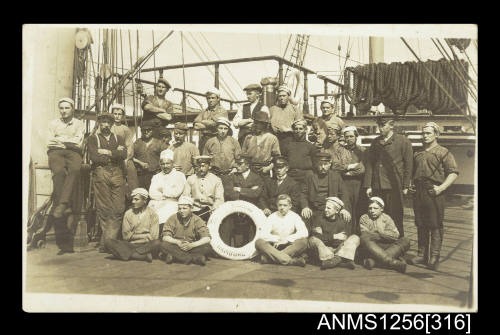 Postcard depicting the group photo of the EDMOND sailing ship crew