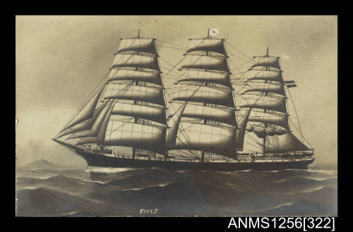 Postcard depicting three masted fully rigged ship FRITZ