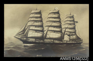 Postcard depicting three masted fully rigged ship FRITZ