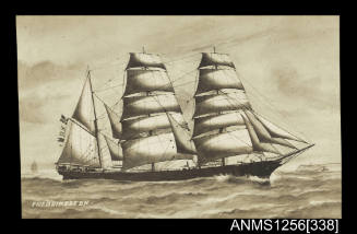 Painted postcard depicting the three masted barque FREDRIKSTEN