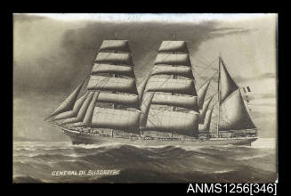 Postcard depicting the three masted barque GENERAL DE BOISDEFFRE