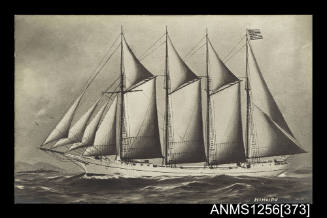 Postcard depicting the four masted schooner HONOIPU