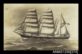 Postcard depicting the three masted barque HANS