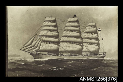 Postcard depicting three masted fully rigged ship HENRIETTE