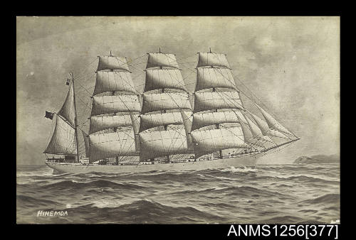 Postcard depicting the four masted barque HINEMOA