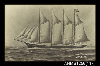Postcard depicting four masted schooner JW CLISE