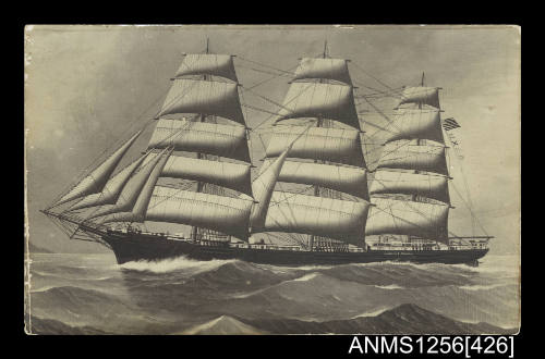 Painted photograph depicting three masted fully rigged ship JB THOMAS