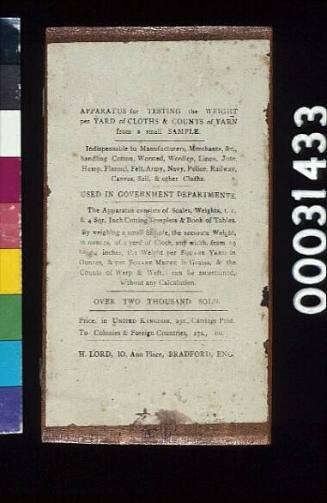 BOX CONTAINING APPARATUS FOR TESTING THE WEIGHT PER YARD OF CLOTHS AND COUNTS OF YARN FROM A SMALL SAMPLE