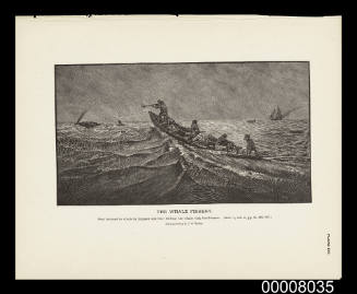The Whale Fishery. Boat fastened to whale by harpoon and line; Killing the whale with bomb lance