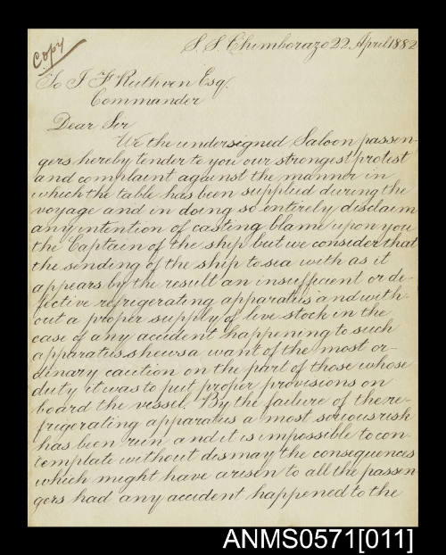 Letter of complaint regarding SS CHIMBORAZO