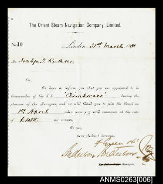 Letter of appointment to Captain Ruthven as commander of the SS CHIMBORAZO
