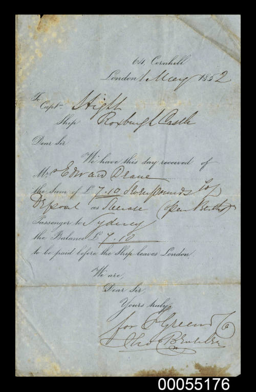 Ticket issued to Edward Dean for travel on the ROXBURGH CASTLE