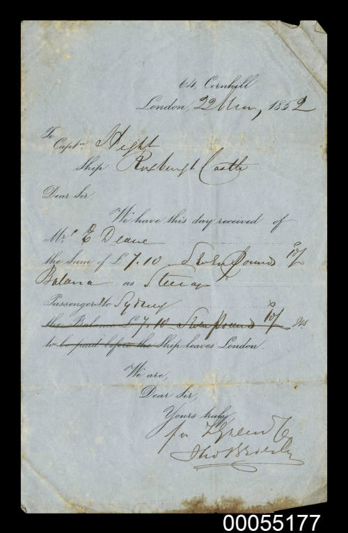 Receipt issued to Edward Dean for payment of passage on ROXBURGH CASTLE