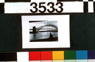 Passenger and Sydney Harbour Bridge taken from the deck of migrant ship MV NAPOLI
