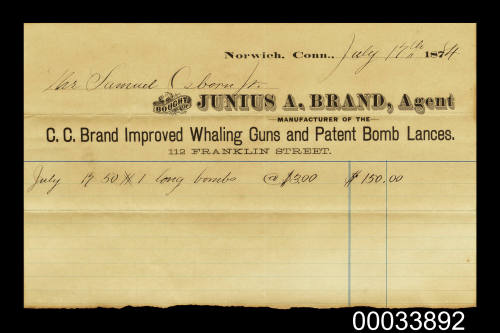 Receipt made out to Samuel Osborn Jr from Junius a brand for whaling lance bombs