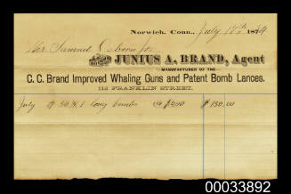 Receipt made out to Samuel Osborn Jr from Junius a brand for whaling lance bombs