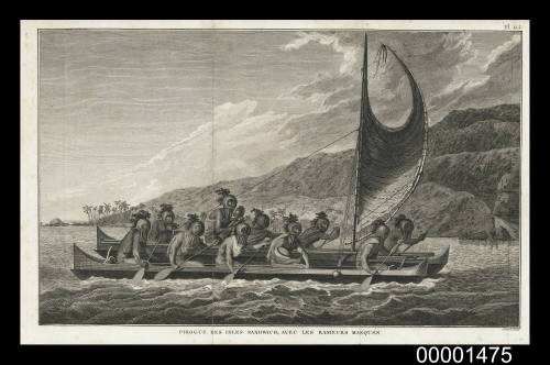 Pirogue des Isles Sandwich, avec les rameurs masques (Canoe of the Sandwich Islands with masked rowers)