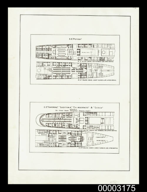 Accommodation plans for SS POTOSI, GARONNE, LUSITANIA, CHIMBORAZO and CUZCO