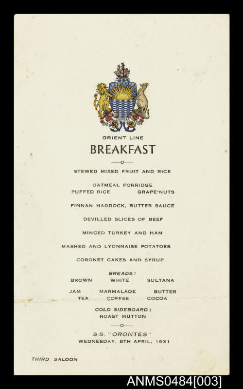 Orient Line SS ORONTES Third saloon breakfast menu for 8 April 1931