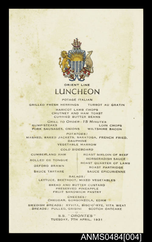 Orient Line SS ORONTES Third saloon luncheon menu for 7 April 1931