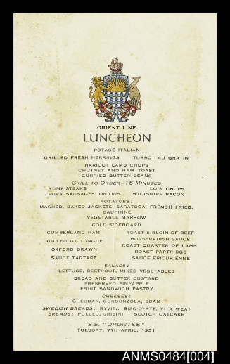 Orient Line SS ORONTES Third saloon luncheon menu for 7 April 1931