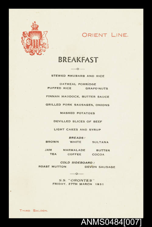 Orient Line SS ORONTES third saloon breakfast menu for 27 March 1931