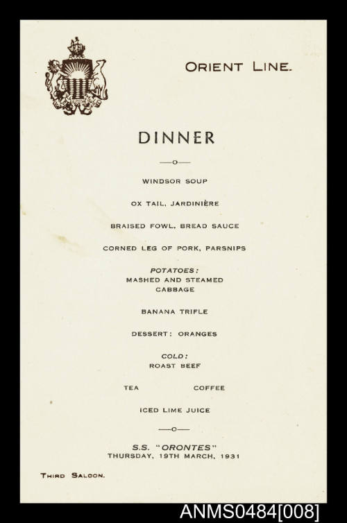 Orient Line SS ORONTES third saloon dinner menu 19 March 1931