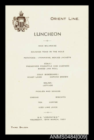 Orient Line SS ORONTES third saloon luncheon menu 19 March 1931