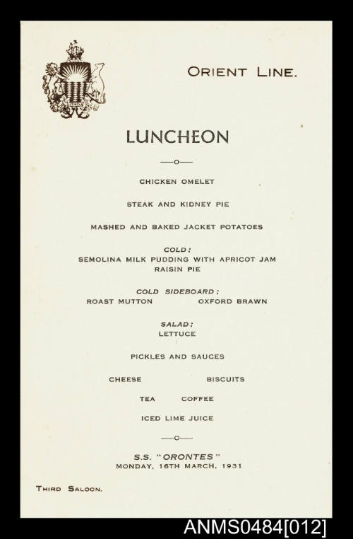 Orient Line SS ORONTES third saloon luncheon menu 16 March 1931