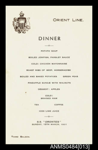 Orient Line SS ORONTES third saloon dinner menu 15 March 1931