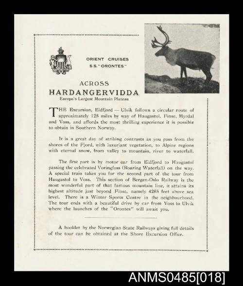 Information leaflet about Hardangervidda for Orient Cruiser SS  ORONTES
