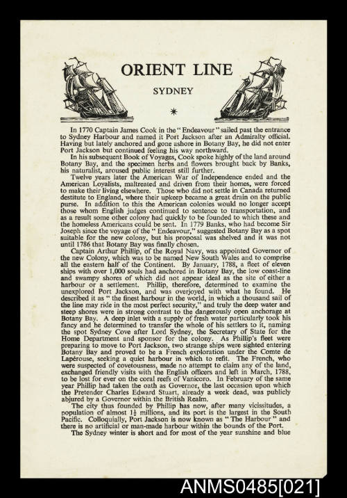 Information leaflet about Sydney from Orient Line