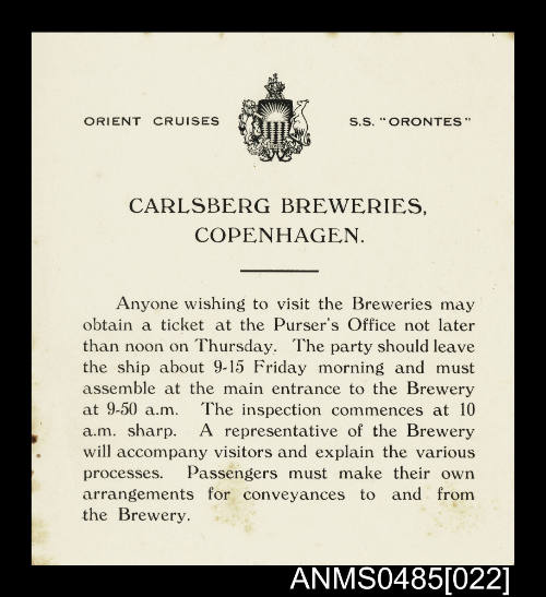 Information Card about Carlsberg Breweries in Copenhagen from Orient Cruise Liner SS ORONTES