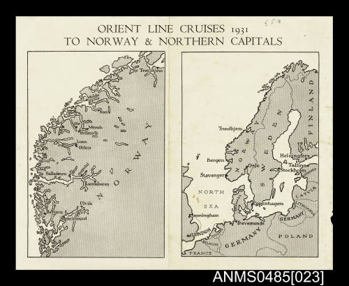 Printed map from Orient Line Cruises 1931 to Norway and Northern Capitals