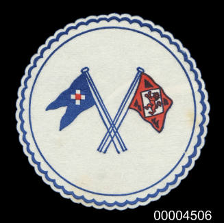 Paper drink coaster with the crossed flags of the affiliated shipping companies Clan Line and Scottish Shire Line